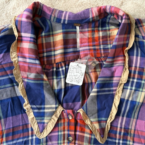 NWT Free People Bexley Plaid Blouse Puff Sleeve Peter Pan Collar Size M - Picture 4 of 12
